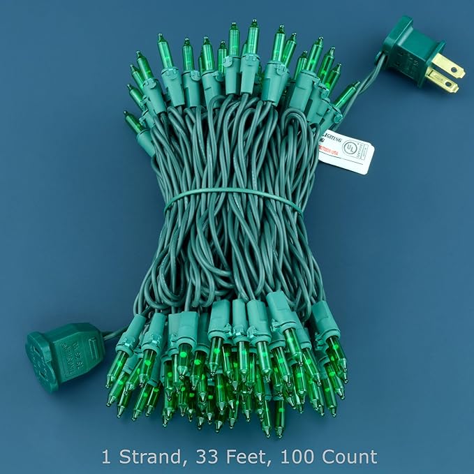 YULETIME 100 Count Green Christmas Lights, 33 Feet Green Wire UL Certified Incandescent-Like LED Mini String Lights
