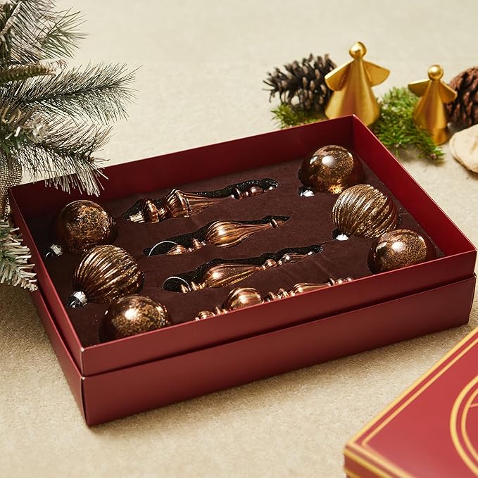 DN DECONATION Mercury Glass Christmas Ornaments, 10pcs Vintage Brown Glass Hanging Balls Finial with Different Shapes for Xmas Tree Decor,Luxury Christmas Baubles for Neutral Holiday Winter Decoration