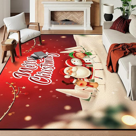 Christmas Area Rug 6' x 9' Red Snowflake Washable Rugs for Bedroom Non Slip Kitchen Rug Christmas Tree Indoor Carpet for Kids Room Dining Room Entryway