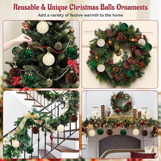 Christmas Tree Ornaments Velvet Balls - 12 Pcs Shatterproof Christmas Tree Hanging Bulbs Decorations Set for Holiday Party Xmas - Multicolor Green Brown Neutral - 3.15 Inch (80mm)