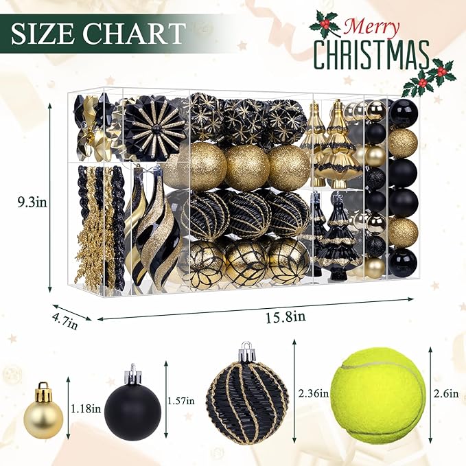 108 Pcs Christmas Ball Ornaments Set, Black and Gold Shatterproof Hand-Painted Hanging Bulbs Decoration for Xmas Tree, Wreath, Garland, Home Holiday Decor