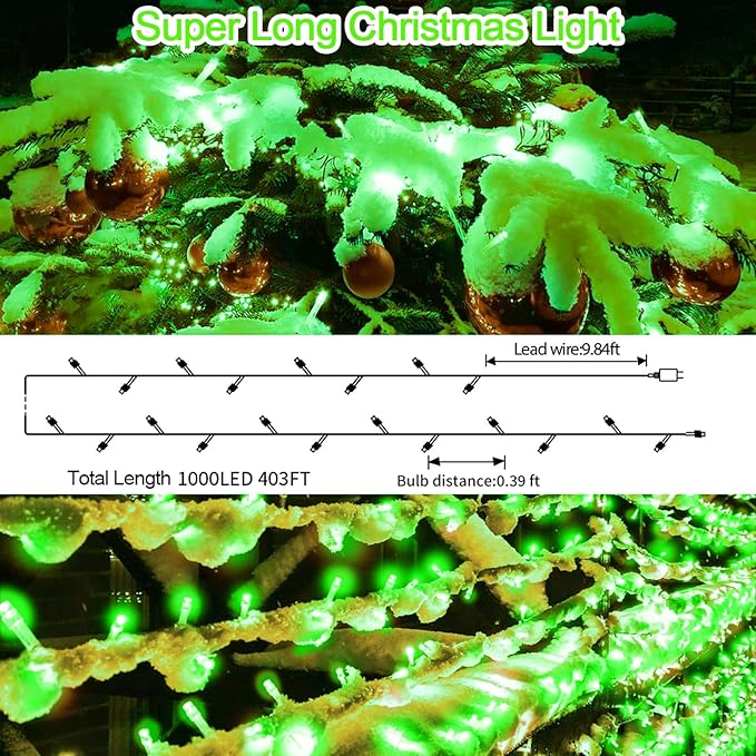 JXLEDAYY 403 FT 1000 LED Christmas Lights Outdoor Fairy Lights Plug in Clear Wire String Lights Waterproof 8 Modes Timer for Outside House Tree Garden Patio Yard Party Holiday Decorations-Green