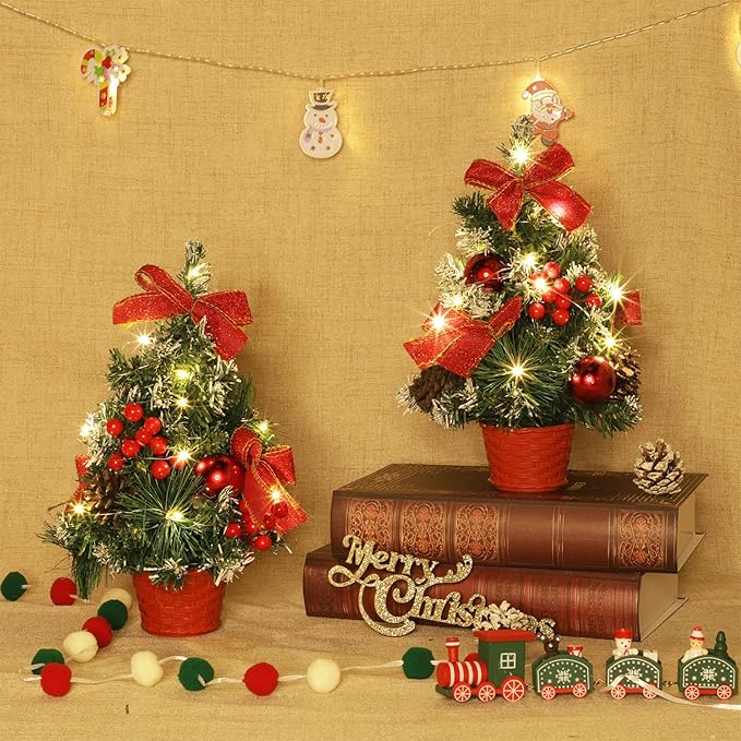 4 Pack 12 Inch Mini Christmas Trees with Lights Table Top Christmas Tree for Office in Basket Base Snowy Red Bows Berries Christmas Decorations Miniature Christmas Tree Tabletop Desk Home Decor