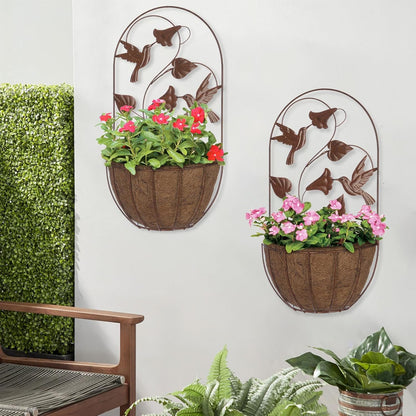 BAYN 2PKs Wall Hanging Planter Decor Art with Hummingbirds, Metal Wall Mounted Planters Indoor Outdoor Wall Planter for Succulent Herb Home Garden Yard
