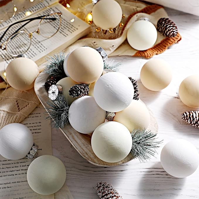24 Pcs Neutral Matte Christmas Ball Ornaments 2.4 Inch Rustic Boho White Cream Beige Xmas Bulbs Ornament Vintage Xmas Baubles Modern Christmas Decor for Tree Farmhouse Holiday Decor