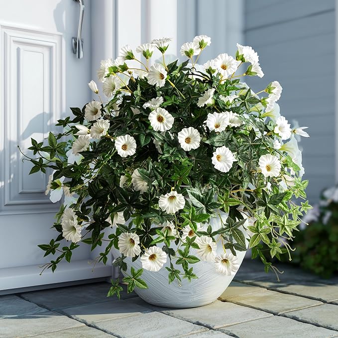 Artificial Flowers Artificial Petunias for Outdoors 2PCS Artificial Hanging Plants Outdoors Silk Flowers with Stems Outdoor Flowers Uv Resistant for Porch DecorTerrace Decor（White）Without Pot