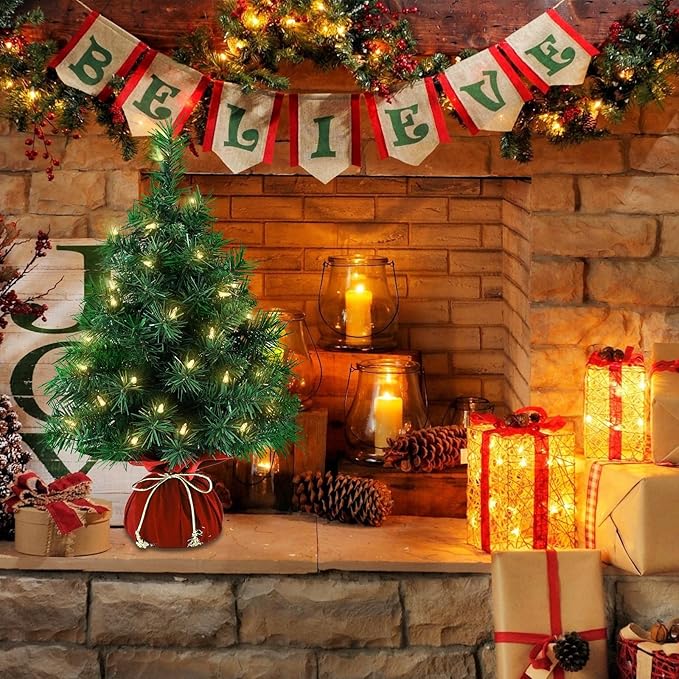 Tabletop Mini Christmas Tree 22 Inch - Mini Artificial Christmas Tree with 35 Warm White Lights, 75 Branch Tips & Red Cloth Bag Base, Perfect DIY Christmas Decorations, Green
