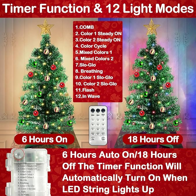 [ 12 Modes & Remote Control ] 3 Ft Christmas Tree with Timer 50 Four Color LED Lights DIY 15 Ball Ornaments Star Artificial Xmas Tree Indoor Outdoor Home Holiday Decoration (Green)