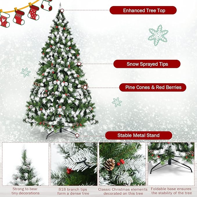 Happygrill 6ft Pre-lit Snowy Christmas Tree Pre-Strung Xmas Decoration Tree with 250 Warm White LED Lights & 818 PVC Tips, 8 Lighting Modes, Hinged Artificial Tree for Residential Commercial Use