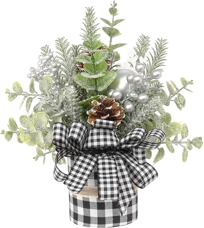 Small Buffalo Check Plaid Christmas Tree, Artificial Mini Tabletop Christmas Tree Decorations, for Winter Home Hliday Party Xmas Decor - Black/White.