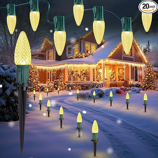 Brightown C9 Christmas Lights Outdoor, 25.7 Ft Strawberry C9 Pathway Lights with 20 LED Bulbs and Stakes, Christmas Decorations Outside Walkway Sidewalk Holiday, Warm White