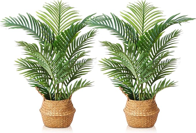 LOMANTO Fake Majesty Palm Plant 3Ft Artificial Plants for Home Decor Indoor Small Faux Trees in Pot Fake Tropical Plants for Housewarming Gift 2Pack