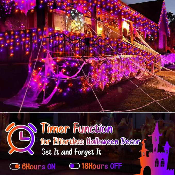 KNONEW Orange Purple Halloween Lights 33FT 400 LED String Lights Outdoor with 75 Drops, 8 Lighting Modes, Timer Memory Function Connectable Hanging Curtain Lights for Halloween Party Decor