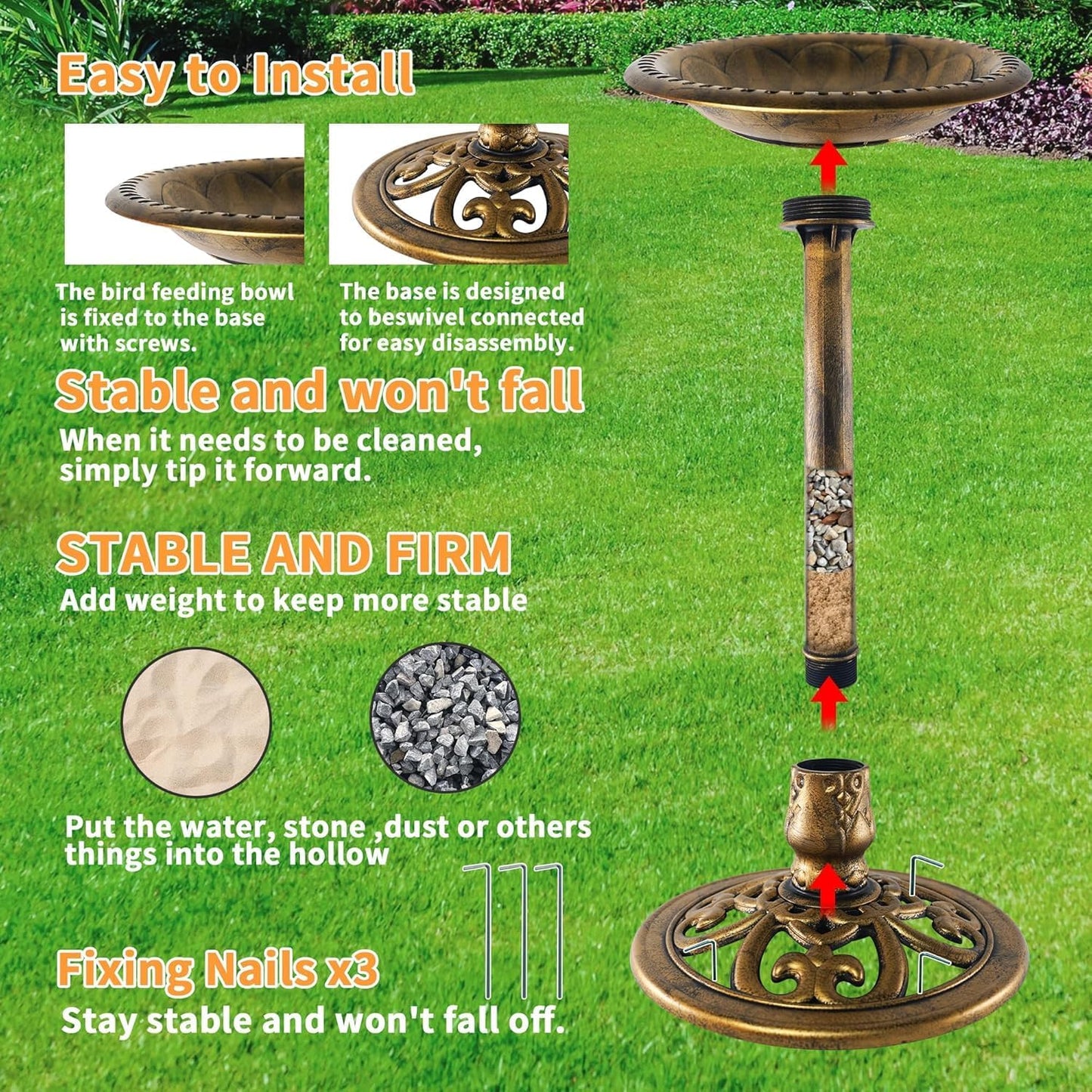Bird Bath with Solar Powered for Outdoors, 28 Inch Copper Birdbath with Solar Water Fountain Bird Baths Feeder Bowl for Outdoors Garden Patio Yard Lawn Decor