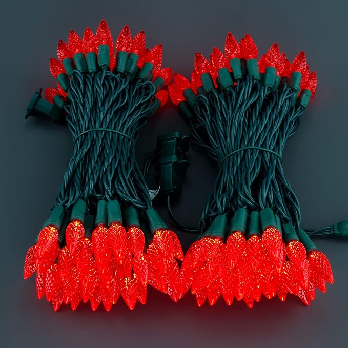 YULETIME Red One-Piece C6 Strawberry Christmas Lights 140 Count 71 Feet, 2 Sets 70 LED 35.5 ft High Waterproof UL Certified String Light (Red)