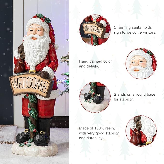 Glitzhome 28''H MGO Christmas Santa Porch Decor, Xmas Winter Wall Yard Standing for Patio Front Porch Indoor Outdoor Home Welcome Sign Decor