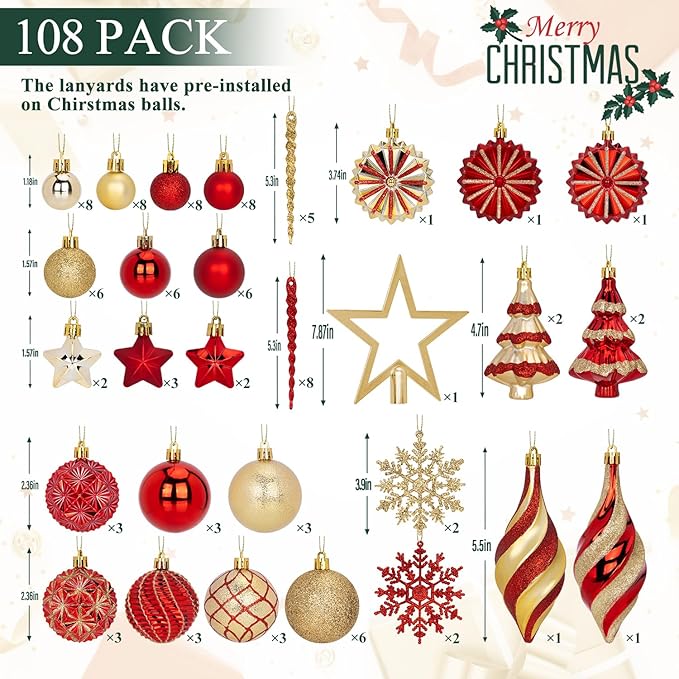 108 Pcs Christmas Ball Ornaments Set, Red and Gold Shatterproof Hand-Painted Hanging Bulbs Bulk, Decoration for Xmas Tree, Wreath, Garland, Home Holiday Decor