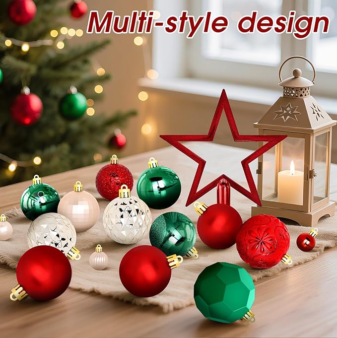 TranquilBliss 50 Pcs Christmas Ornaments Set with Strings, Christmas Ball Ornaments Set with Hanging Strings, Shatterproof Christmas Decorations Ornaments for Xmas Tree (Red and Green)