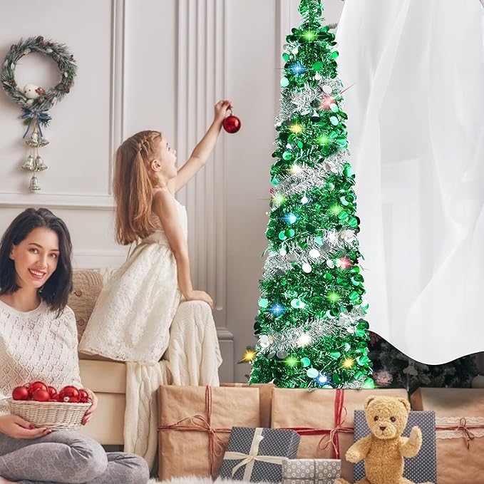 5 FT Christmas Trees with 90 Colorful Lights, Collapsible Artificial Sequin Pop Up Christmas Tree, Tall Skinny Pencil Tinsel Christmas Trees Xmas Tree for Home Apartment Basement Fireplace