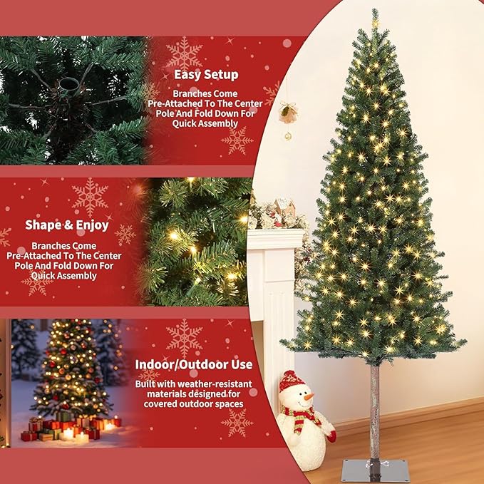 GarveeHome Pencil Christmas Tree 7.5 ft Pre-lit Alpine Slim Holiday Decoration, Lighted Skinny Décor LED Lights, Metal Stand, 7.5 ft Xmas Tree for Room, Bedroom, Apartment, Outdoor, Office, 7.5 Foot