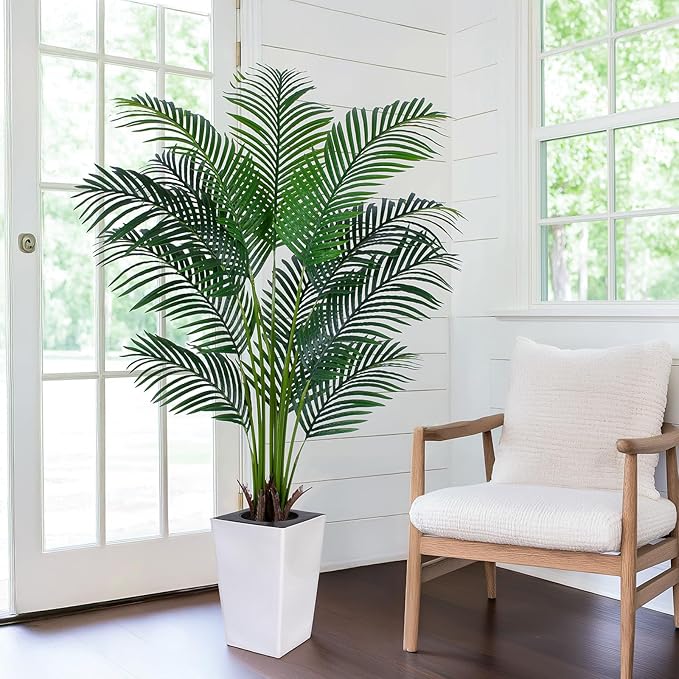 Artificial Palm Tree with White Tall Planter, 5ft Tall Potted Artificial Silk Palm Tree Plant, Fake Tropical Plant, Home Office Floor Room Decor Plants Indoor Outdoor, Housewarming Gift