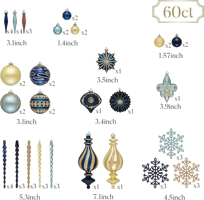 Valery Madelyn Fall Ornaments for Christmas Trees, 60ct Blue and Gold Shatterproof Christmas Tree Decorations, Luxury Hanging Ball Ornaments Bulk for Thanksgiving Autumn Harvest Decor