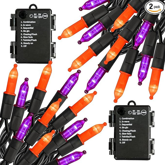 NEROSUN Halloween Mini String Lights, 2 Pack Total 100 LED 32 FT Waterproof Battery Operated Fairy Lights with 8 Modes, Halloween Decorations for Indoor Outdoor Garden Party Decor (Purple & Orange)