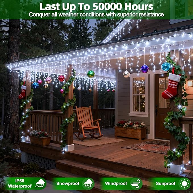 504 LED Christmas Lights with 112 Drops, 50ft 12 Modes Cool White Fairy String Lights with Timer Dimmable, Waterproof Twinkle Lights for Indoor Outdoor Holiday Wedding Party Eaves Yard Christmas Decor