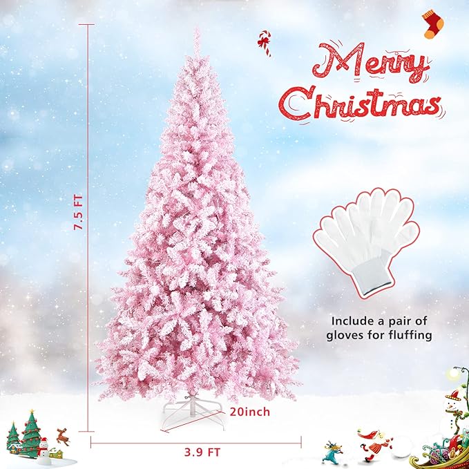 HAPPYGRILL 7.5FT Pre-Lit Pink Christmas Tree Snow Flocked Christmas Tree with 1100 Branch Tips, 450 Warm Lights, 8 Lighting Modes, Artificial Xmas Tree for Holiday Decor