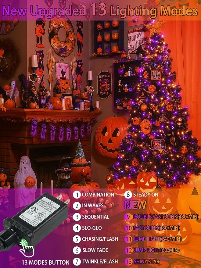 2-Pack 66FT 200 LED Extendable Halloween Lights,13 Modes Orange and Purple Halloween Decorations Outdoor Indoor Tree Lights Waterproof, Plug in String Lights with Timer and Memory for Bedroom Decor