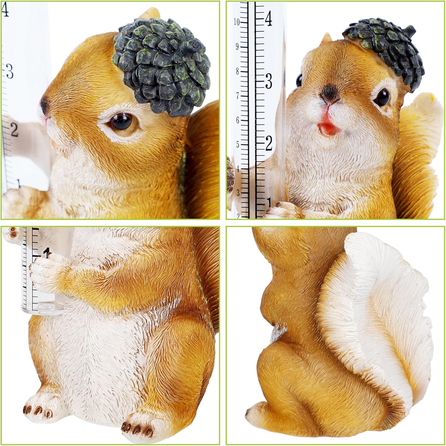 FORUP Resin Squirrel Rain Gauge, Hand Painted Squirrel Sculpture Water Gauge