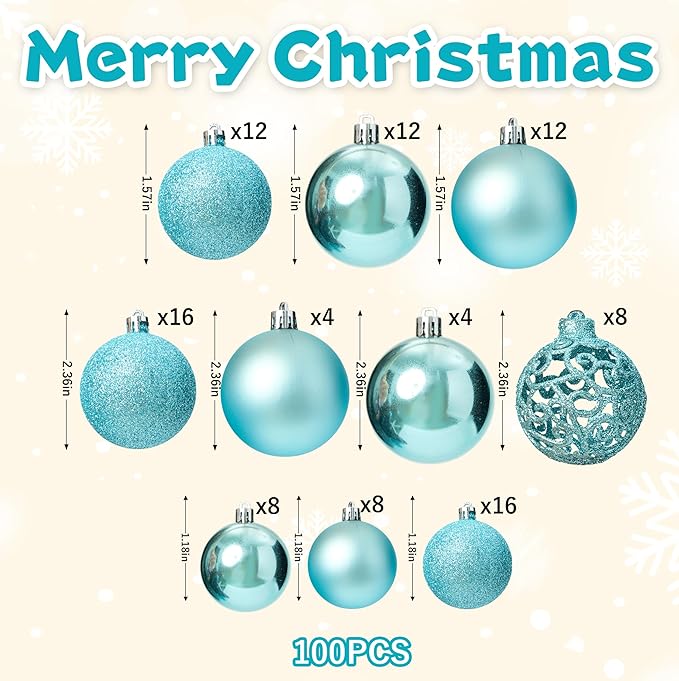 100-Pack Christmas Ball Ornaments for Tree,Shatterproof Plastic Holiday Baubles Set in Assorted Sizes and Finishes, Christmas Tree Decorations for Home, Office, Party, Indoor Outdoor Use