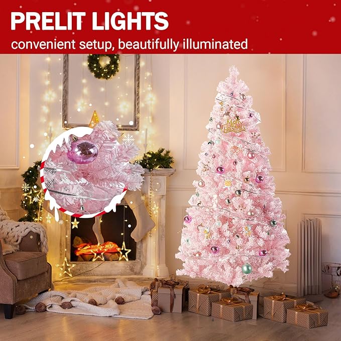 6FT Pink Artificial Christmas Tree with 1000 Realistic Branch, Flocked Full Xmas Tree with Foldable Stand, Easy Assembly Hinged Pine Tree for Home, Shop, Office, Party Holiday Decoration