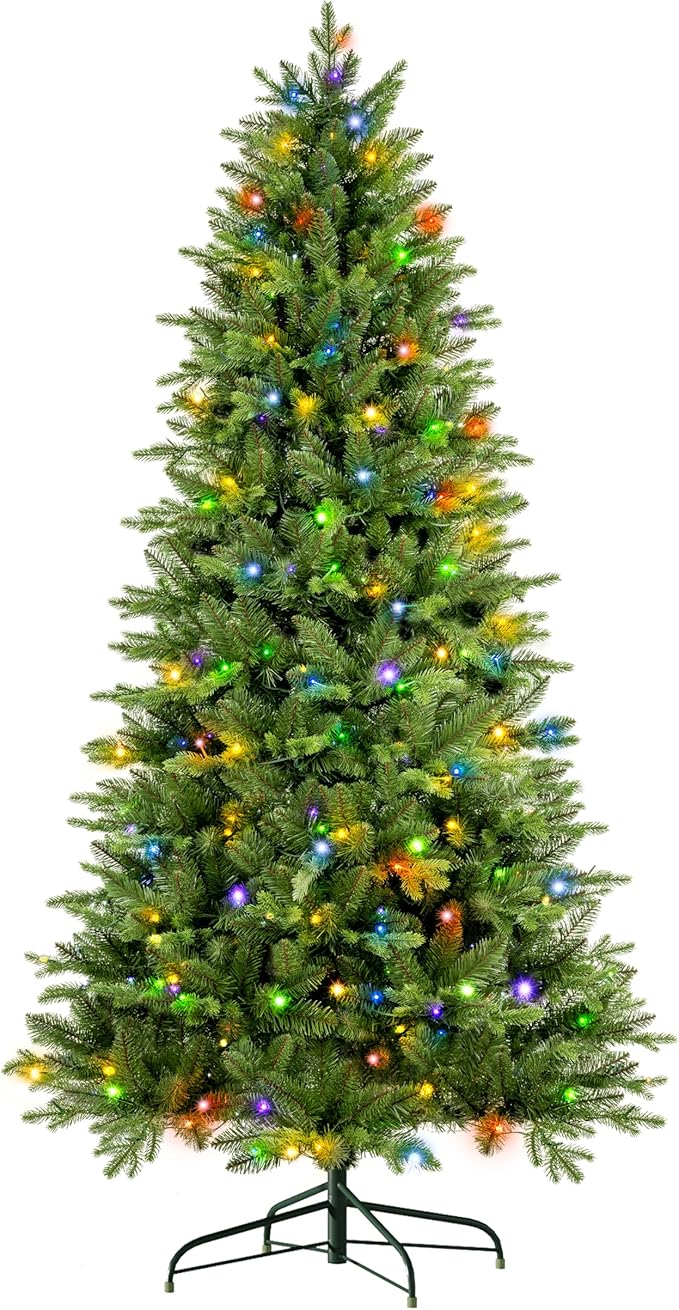 6.5ft Pre Lit Christmas Tree with 450 Multi-Color LED Lights – Artificial Tree with 1617 Realistic PE & PVC Tips, Hinged Branches, Foot Pedal and Metal Stand for Indoor Holiday Decor