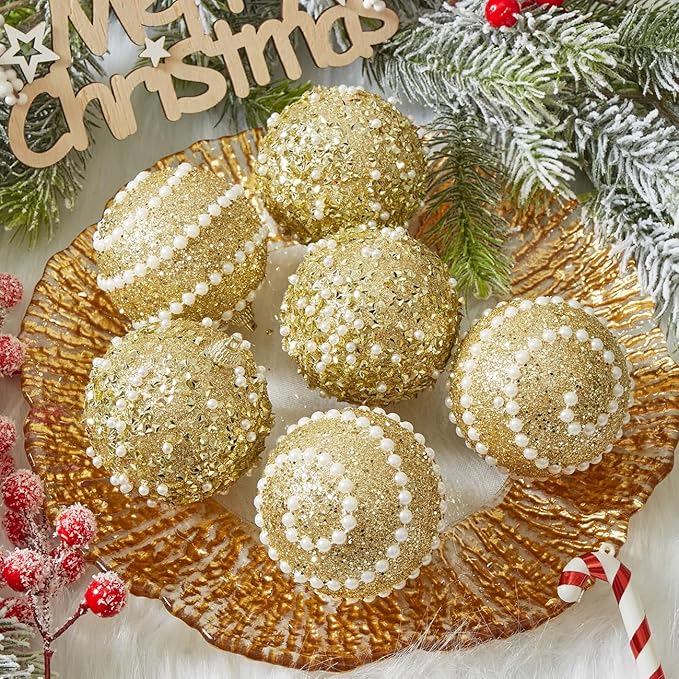 Gold Christmas Ball Ornaments,12ct Christmas Tree Shatterproof Plastic Hanging Sequin Xmas Balls for Festivals Holiday Party Decorations(70mm/2.76")
