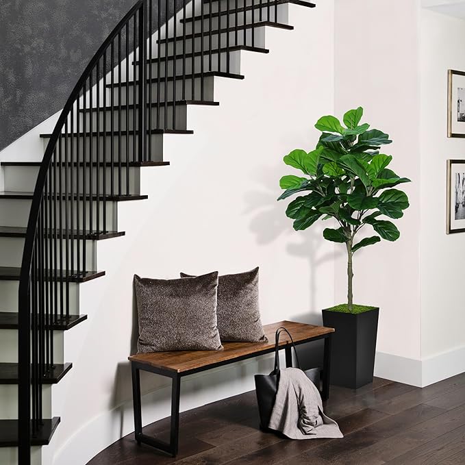 Fiddle Leaf Fig Tree Artificial 5FT - Faux Plant With Black Tall Planter - Fake Ficus Lyrata Floor Plant in Pot for Home Office Living Room Decor Indoor