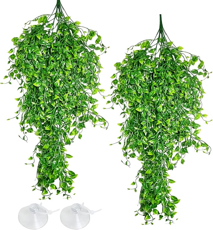 Hamiledyi Reptile Plants Tank Habitat Decorations 2 Pcs Artificial Leaves Habitat Decor with Suction Cup Fake Hanging Vines for Bearded Dragon, Leopard Gecko, Lizard, Chameleon, Snake