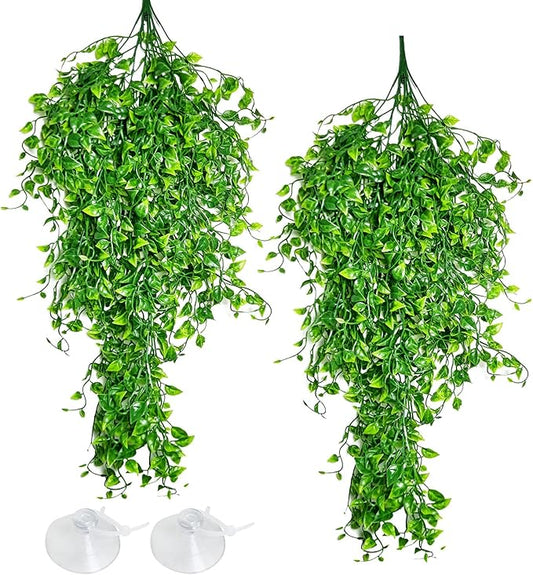 Hamiledyi Reptile Plants Tank Habitat Decorations 2 Pcs Artificial Leaves Habitat Decor with Suction Cup Fake Hanging Vines for Bearded Dragon, Leopard Gecko, Lizard, Chameleon, Snake