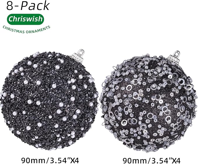 8CT Christmas Ball Ornaments, Black Christmas Ball Decorations Shatterproof Plastic Hanging Pearl Balls for Holiday Party(90mm/3.54")