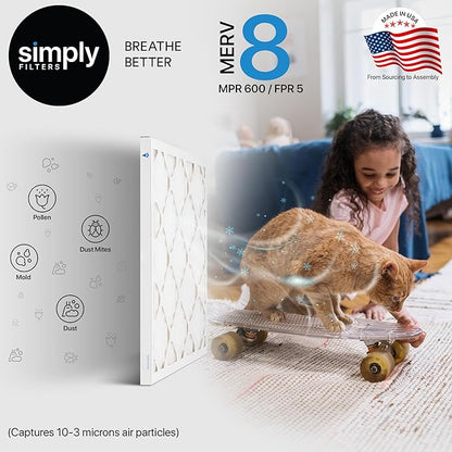 Simply 17x17x1 Air Filter, Merv 8, 6 Pack, For Home AC Furnace & HVAC (Actual Size: 16.75"x16.75"x0.75") DUST, Pet, & Allergy Control