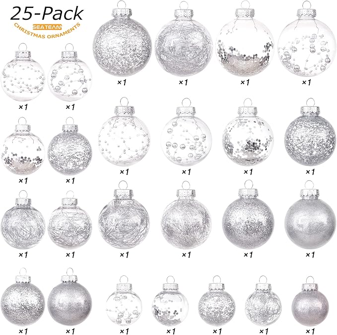 Sea Team Christmas Baubles Set Clear Plastic Shatterproof Multi-Size Decorative Christmas Baubles with Stuffed Delicate Decorations (25 Pieces, Silver)