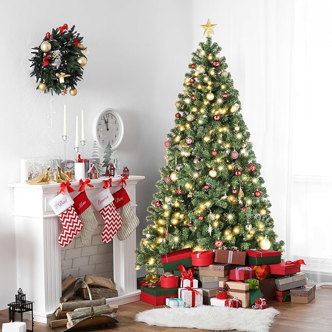 VINGLI 6ft Prelit Artificial Christmas Pine Tree with 250 Warm White Lights, Xmas Tree Holiday Party Decorations with Stabilized Metal Stand, Full 900 Tips Branch, 8 Color Modes, Green