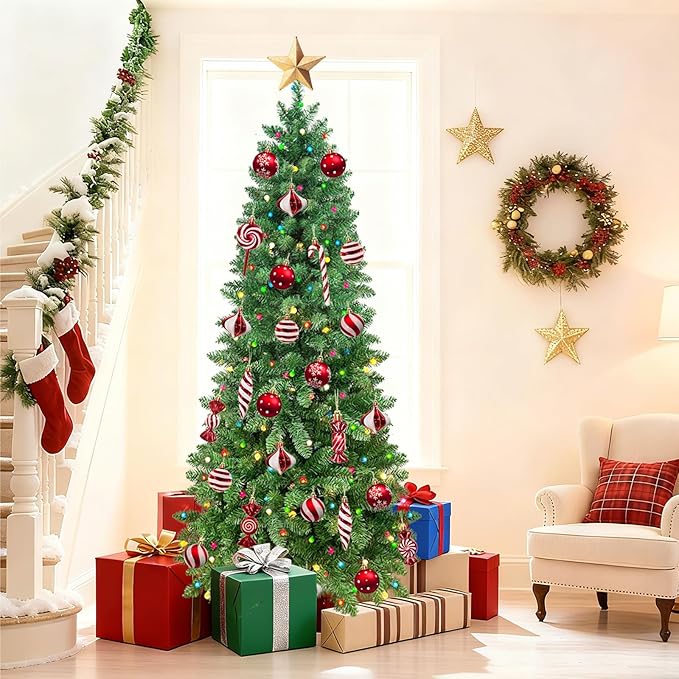 6FT Christmas Tree LED Bulbs Pre-Lit, Premium Artificial Christmas Tree with Lights, Decorated Xmas Tree with Tripod Stands for Indoor Home Office Party Holiday Decoration, ETL Listed