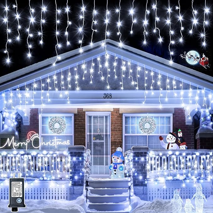 Icicle Lights for Outside 33ft 400 LED Icicle Christmas Lights Outdoor with 8 Modes 75 Drops Waterproof Plug in Fairy Curtain Lights with Timer for Party Holiday Wedding Decorations, Cool White