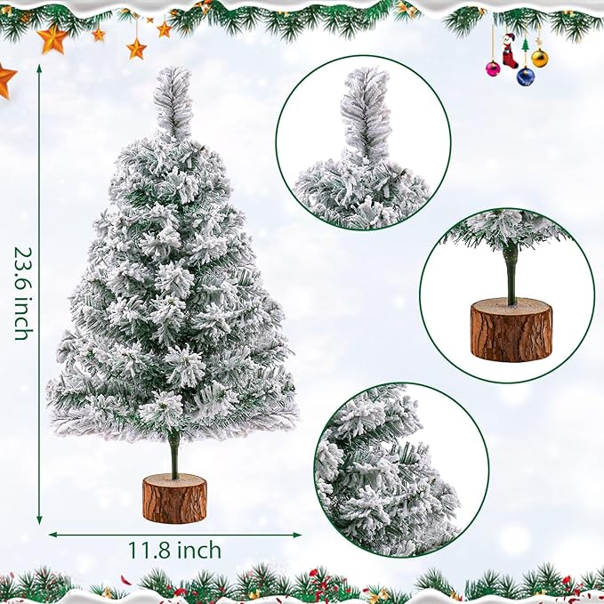 2Ft Artificial Christmas Tree Green Tabletop Christmas Tree with Snow Flocked Mini Xmas Pine Tree with Wooden Stand for Indoor Outdoor Holiday Home Decoration