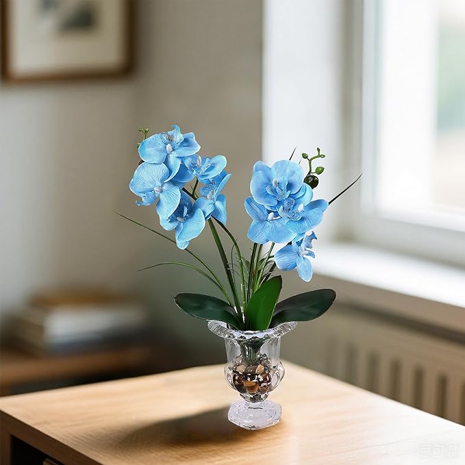 Jusdreen Artificial Blue Orchid in Glass Vase, Realistic Phalaenopsis Arrangement with Potting for Home Office Table Decor, 14.5 Inch Orchid Centerpiece