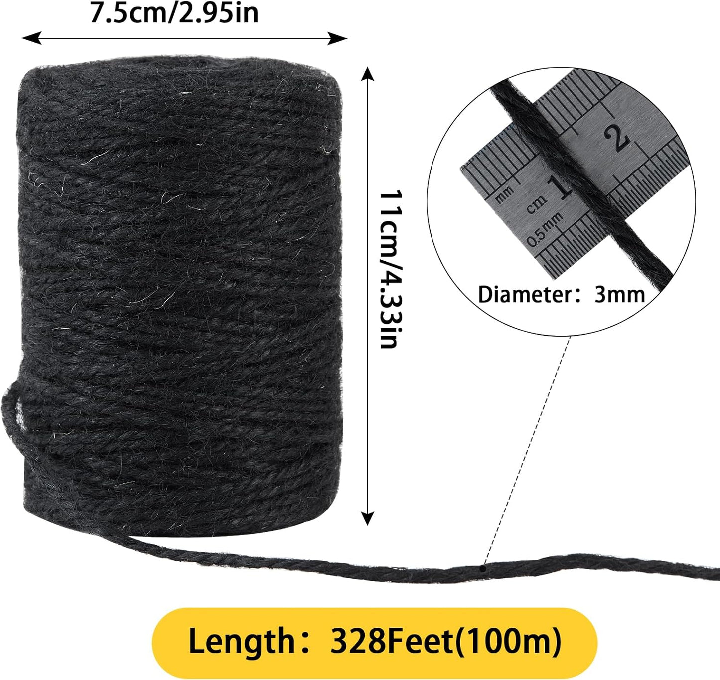 328 Feet 3mm Thick Black Natural Jute Twine, Garden Twine Heavy Duty Industrial Packing Materials String Wrapping, Arts, and Crafts, Halloween Wrapping, Gardening Applications