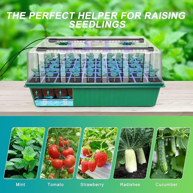 GOOINMILL Self-Watering Seed Starter Tray with Timed Grow Light, 2 Pack 120 Cells Plant Starter Tray Seedling Starter Kit with Humidity Domes Base Indoor Mini Greenhouse Plant Germination Trays