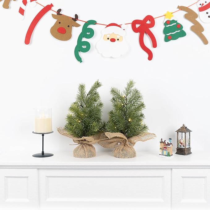 Set of 2 Mini Christmas Tree, 12 in Pre-lit Tabletop Xmas Decorations with 8 Warm LED Lights, Battery Operated with Timer, Burlap Base Artificial Pine Tree for Indoor Desk Office Dorm