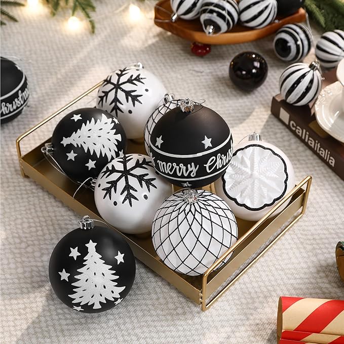 SHareconn 100MM/4 Inch 9PCS Large Christmas Balls Ornaments, Shatterproof Plastic Hanging Big Baubles Set for Xmas Tree Decoration Holiday Party Wedding Decorations with Hook,Black and White
